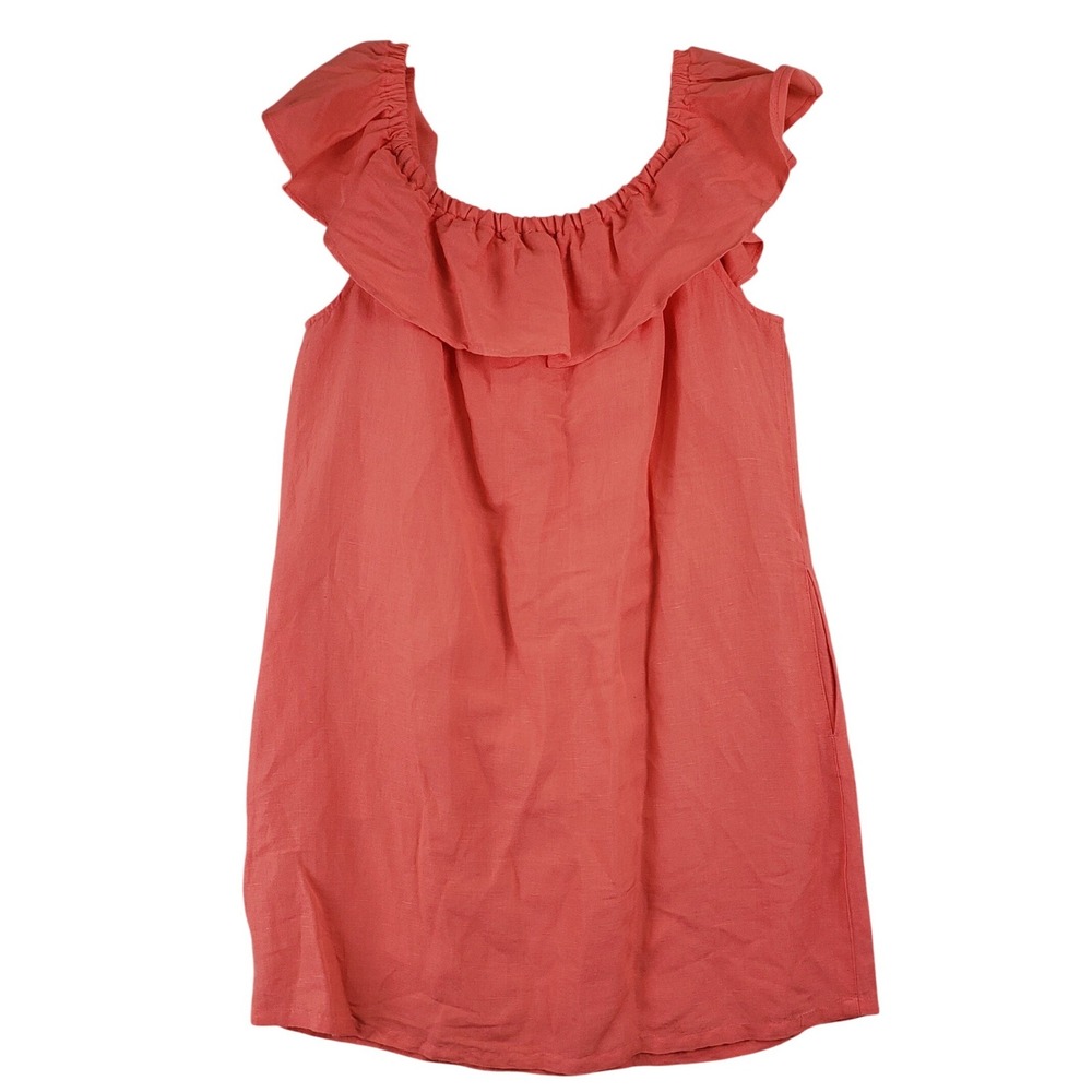 Tommy Bahama Linen Shift Dress Womens M Coral Ruffle Neck Resort Coastal Boho